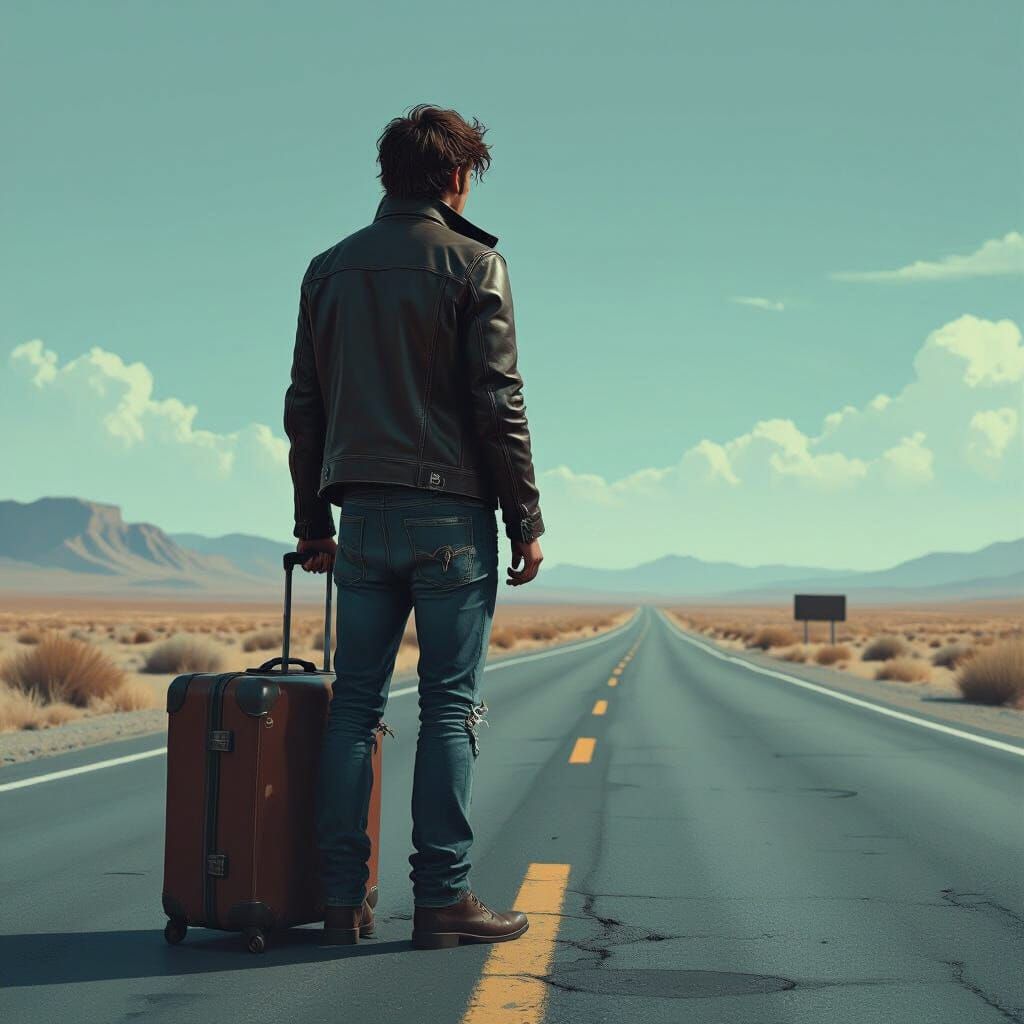 Weary Traveler on Desolate Highway in Cinematic Style