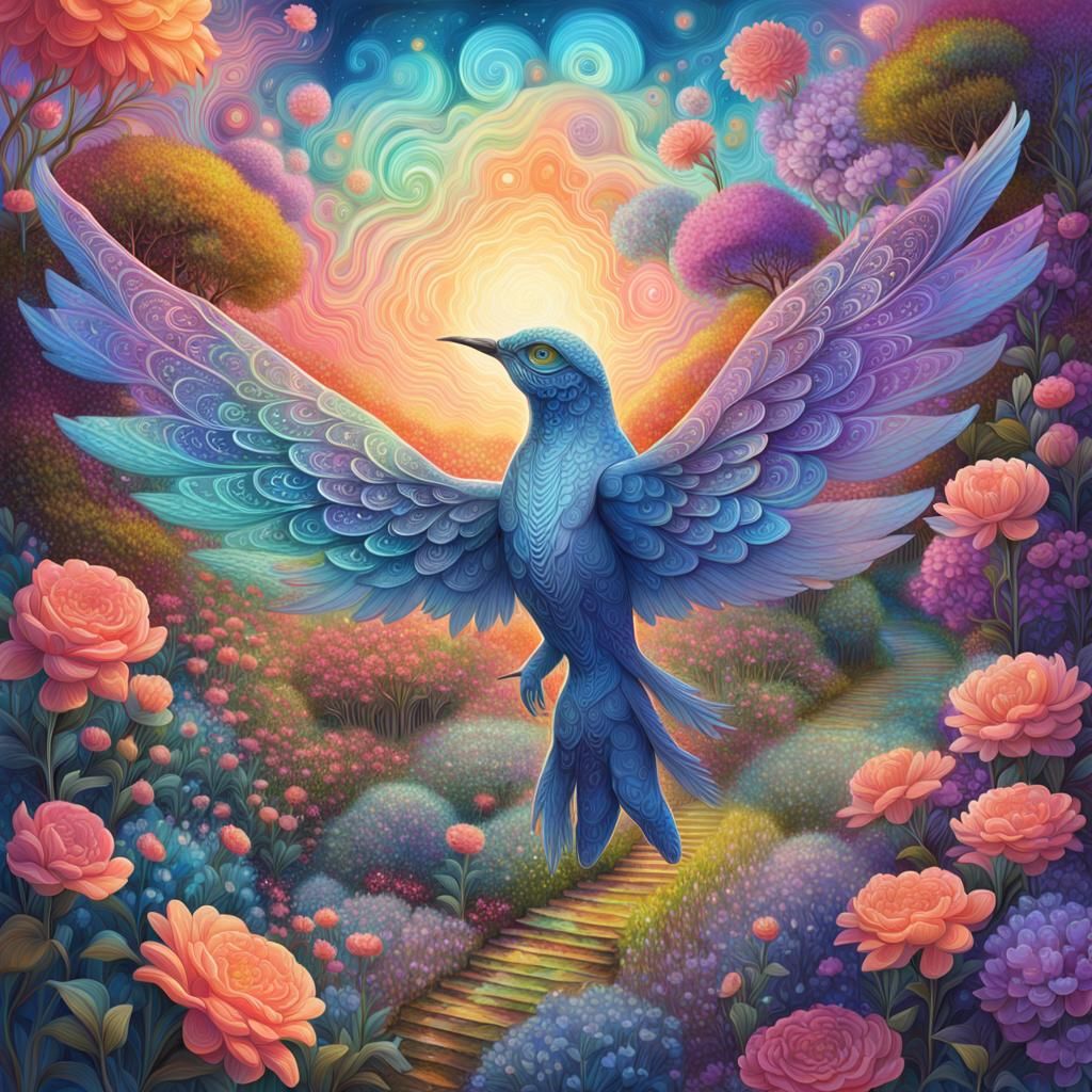 Psychedelic Winged Figure in Blooming Astral Garden