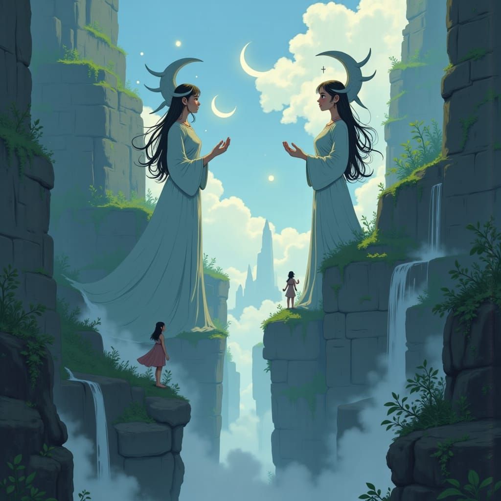 Two Lunar Goddesses Facing Across a Gorge with Glowing Moons