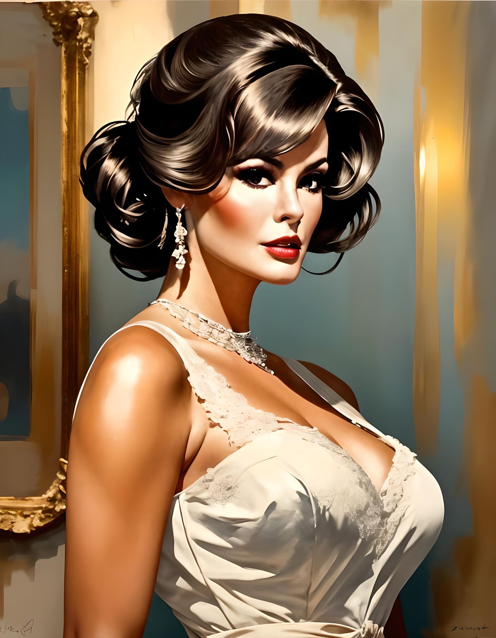 Impressionist Portrait of Raquel Welch in White Satin