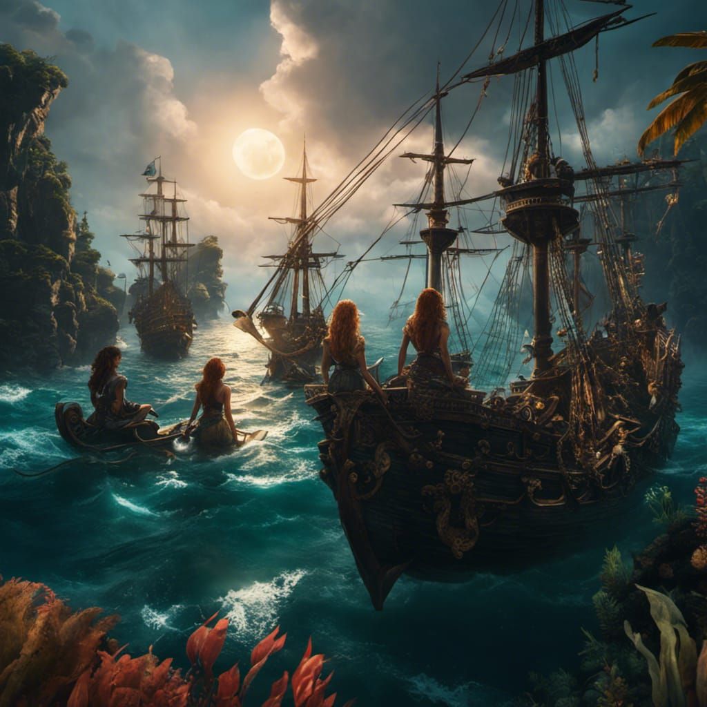 Mermaids Watching Pirates: Detailed Matte Painting