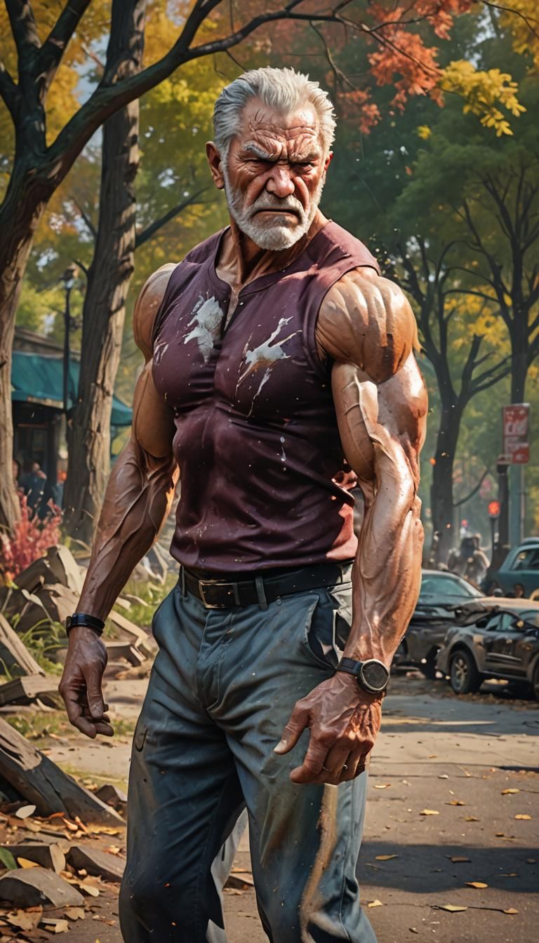Angry Muscular Old Man in Park: Hyperrealistic Splash Art