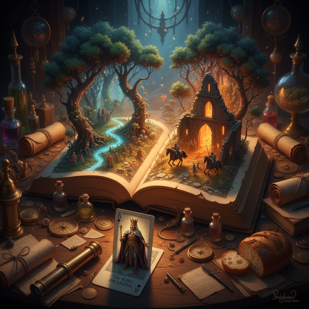 Spell Book Reveals Miniature World Alive on Wizard's Desk