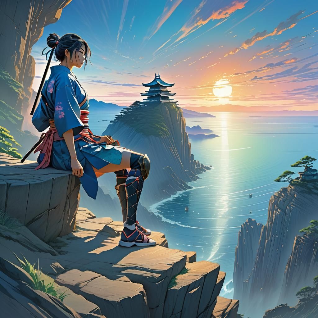 Girl Samurai Sunset: Manga Style Digital Art