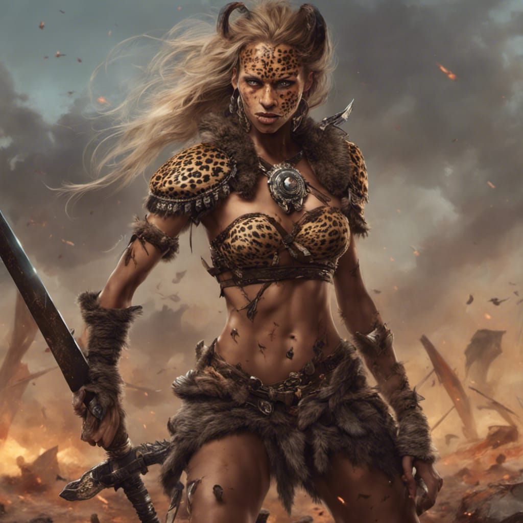 Fierce Leopard Skin Warrior on Battlefield