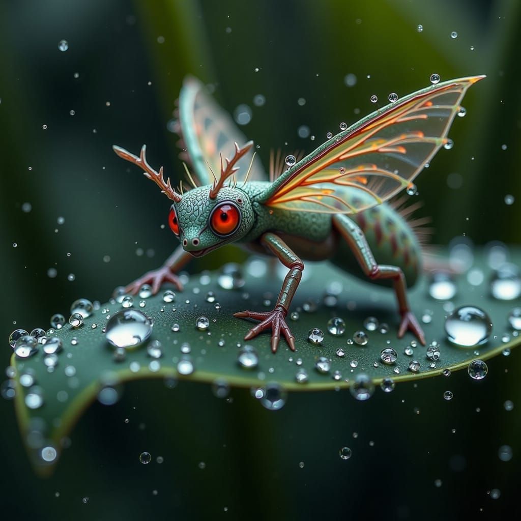 Tiny Dragon in Dewy Macro Landscape