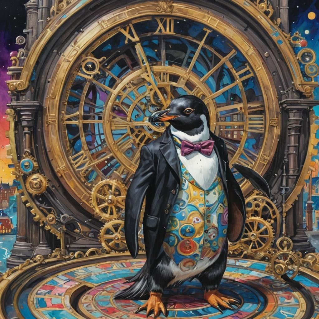 Steampunk Penguin in Gouache Style With Clock Tower