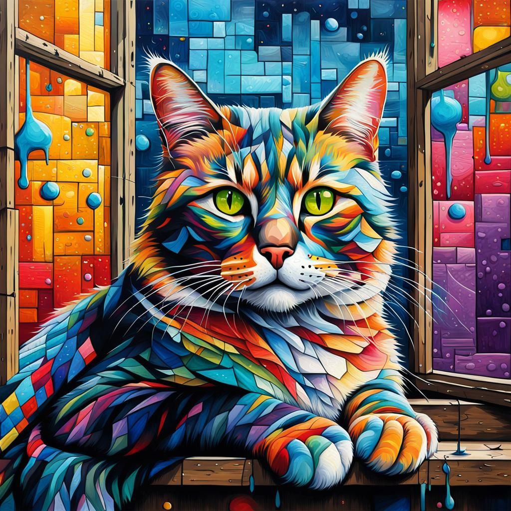 Patchwork Cat in Window, Graffiti Art Style