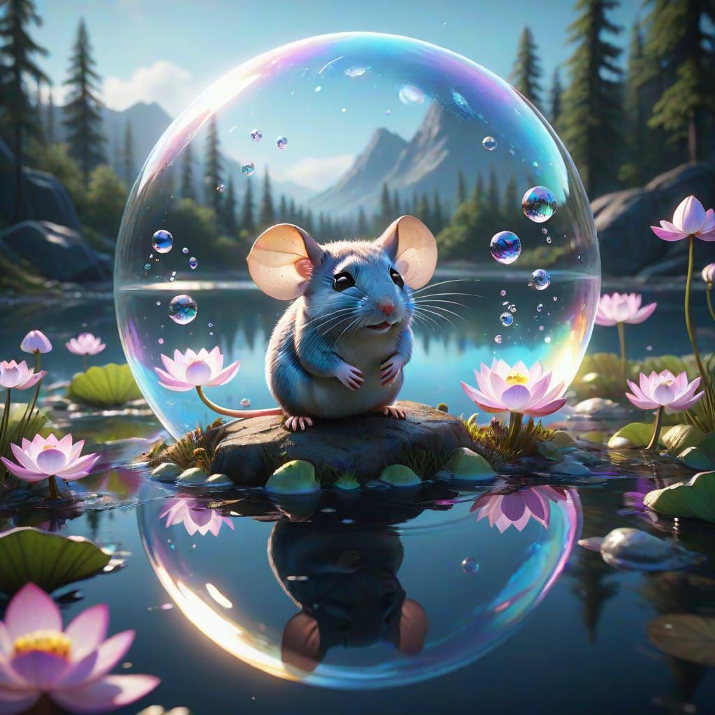 Mouse in Bubble over Crystal Lake: Fantasy Art