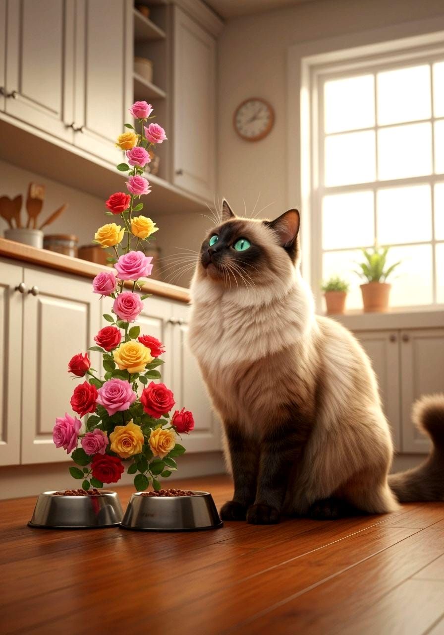 Siamese Cat and Floral Surprise in Hyperrealism