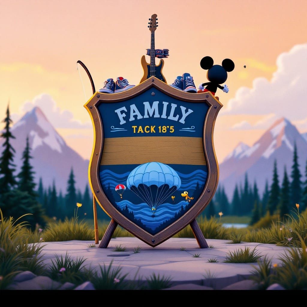 Cartoon Family Crest Shield in Pixar Style