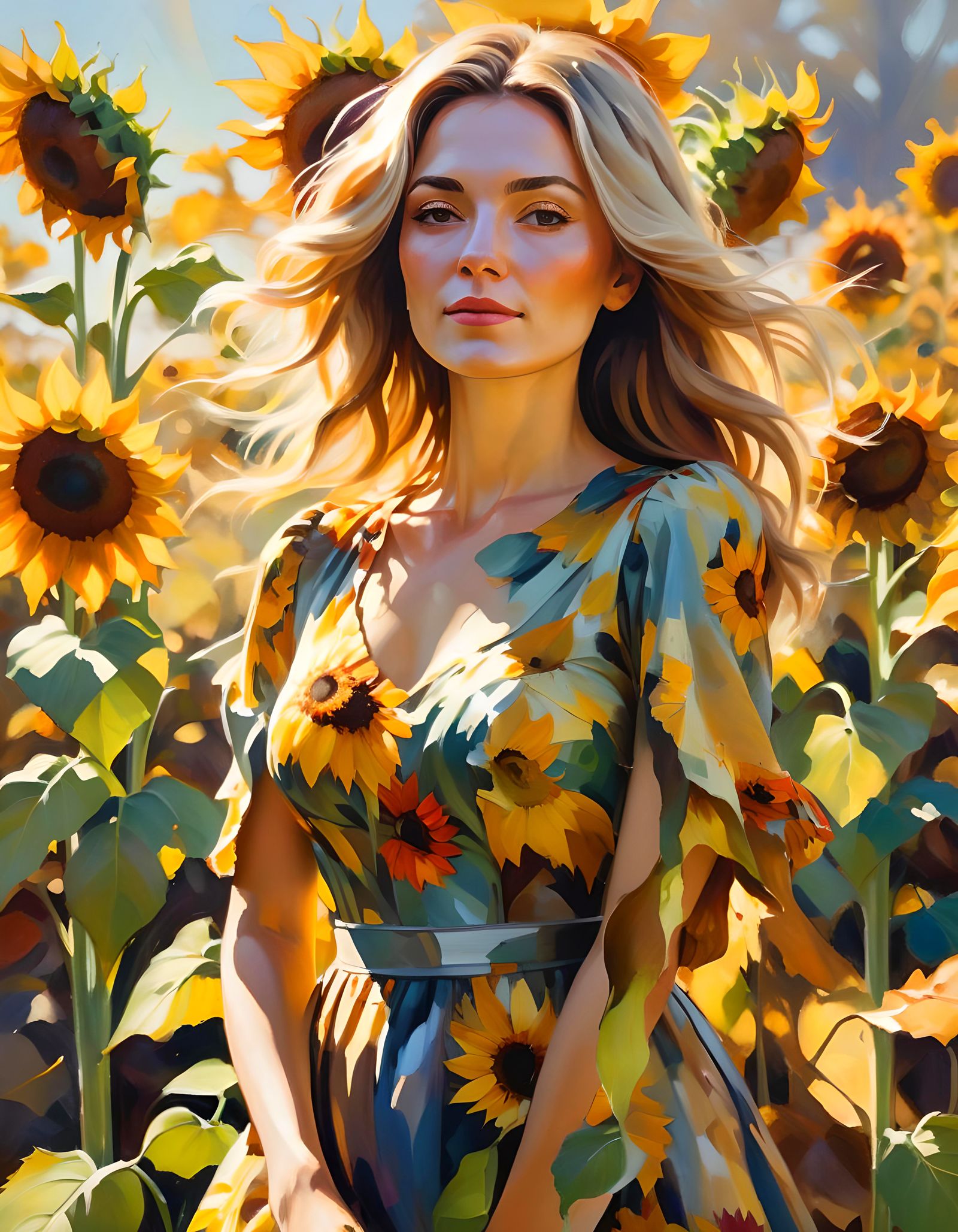 Woman in Sunflower Field: Impasto Oil Painting