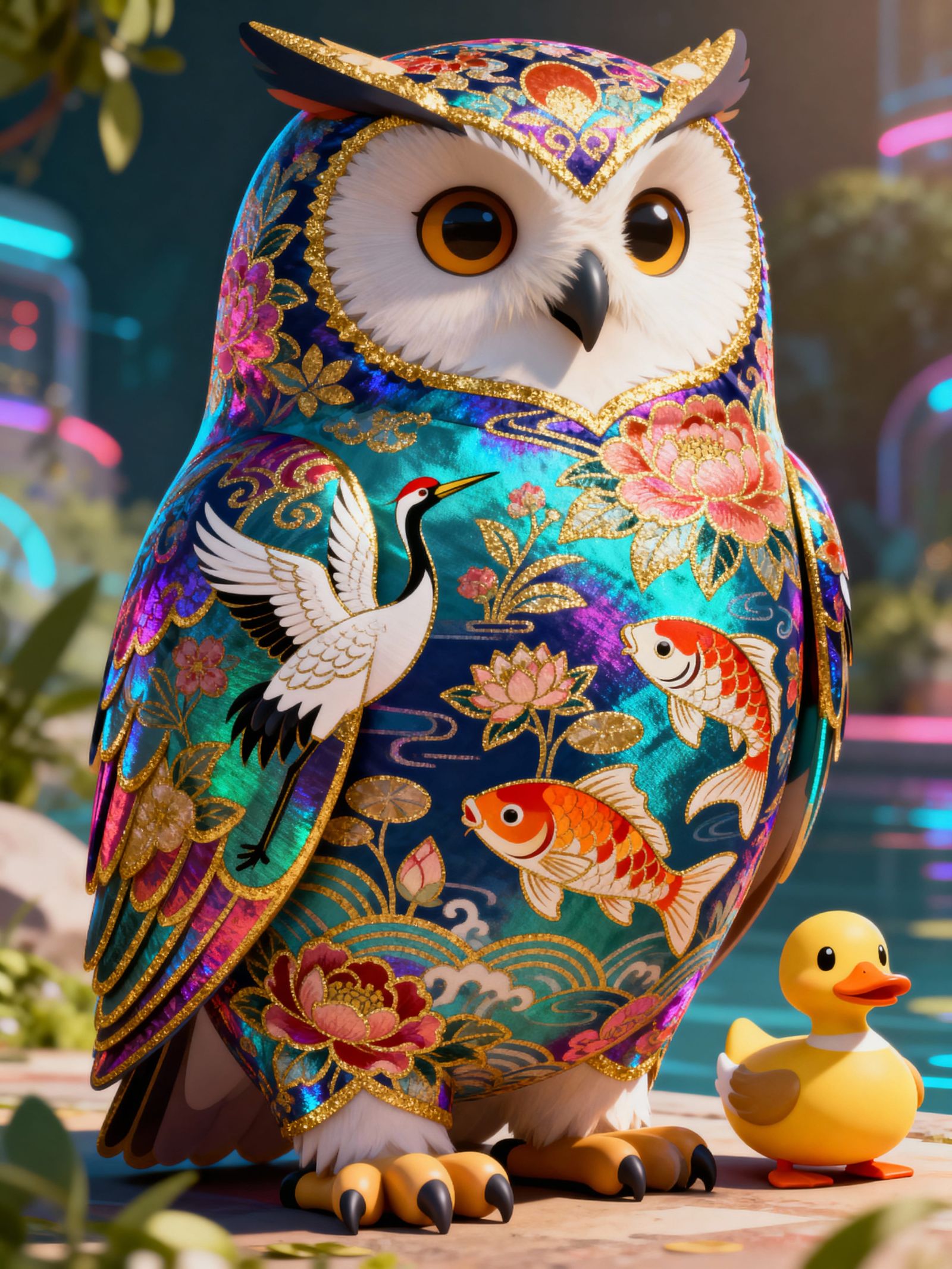 Vintage Cartoon Owl with Silk Tapestry Patterns