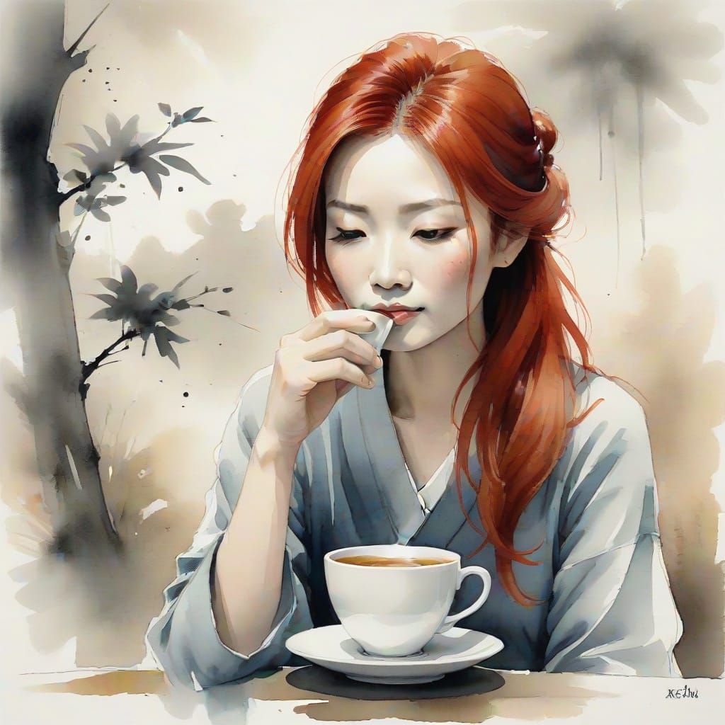 Elegant Sumi-e Ink Painting of a Red-Haired Woman in a Seren...