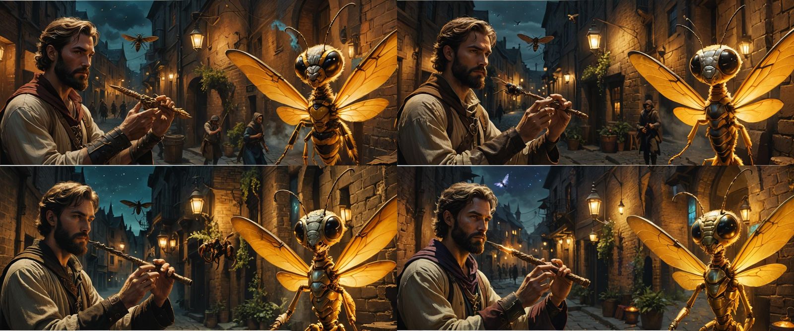 Piper Mage Confronts Giant Wasp in Dark Alley