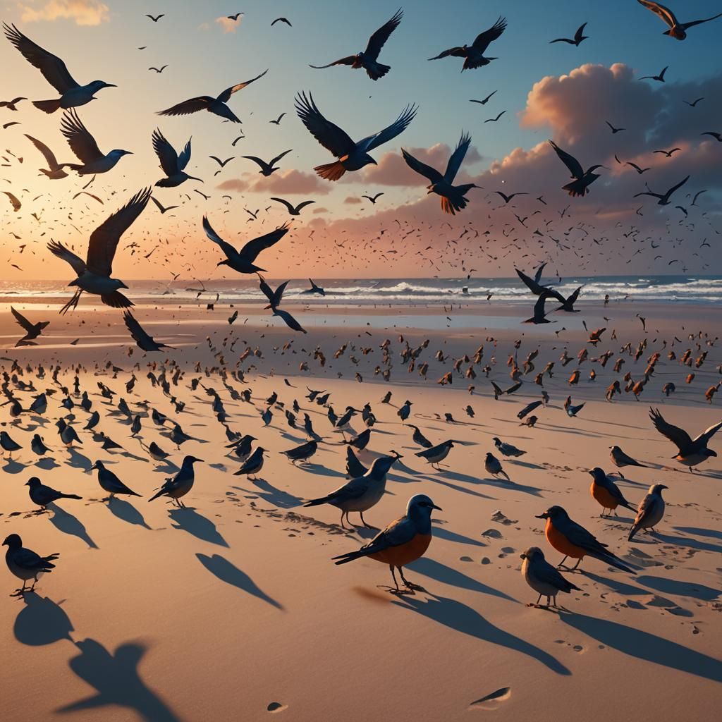 Sunset Beach with Birds: Digital Matte Painting