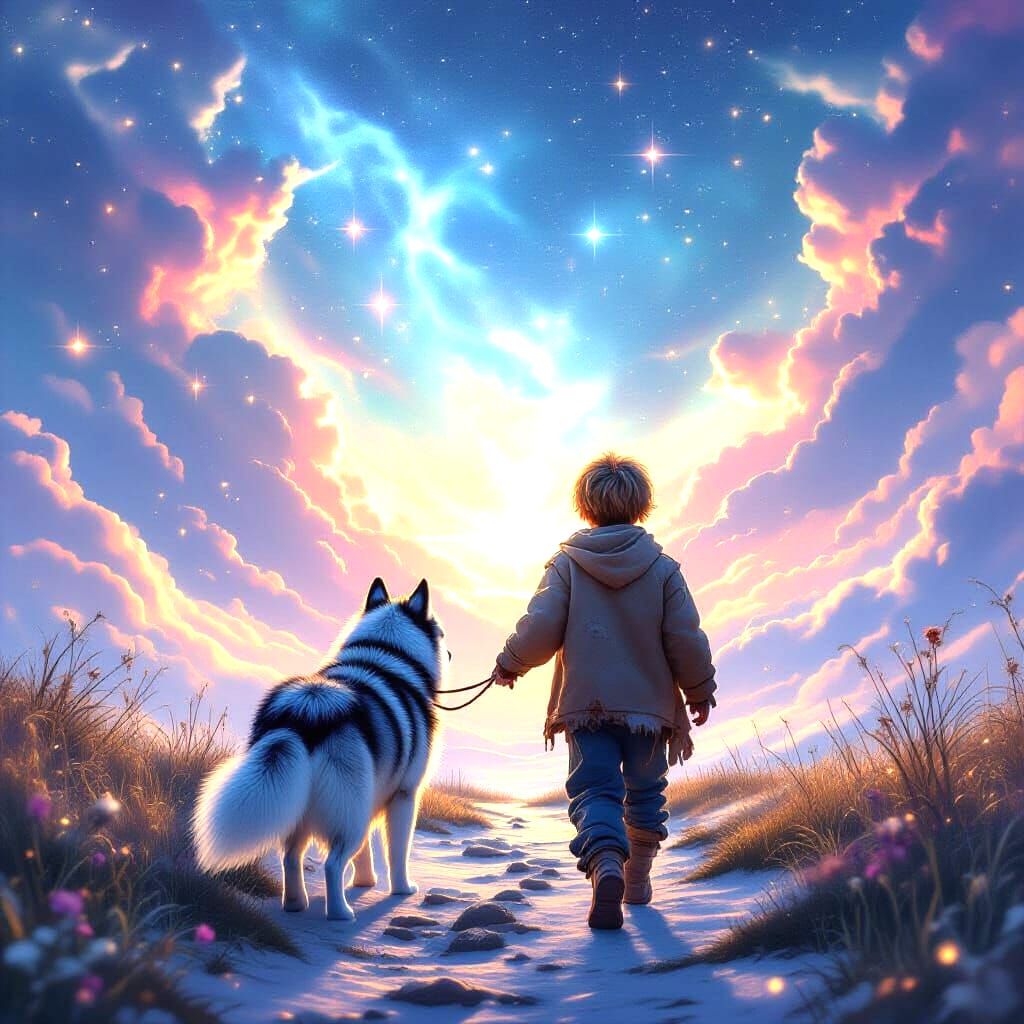Boy and Husky Ascend Through Magical Heavenly Gate