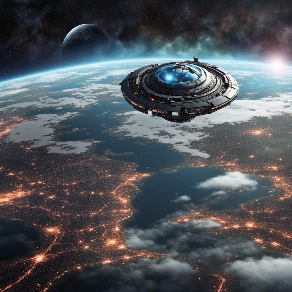 Futuristic Spaceship Orbiting Earth in Dramatic Concept Art
