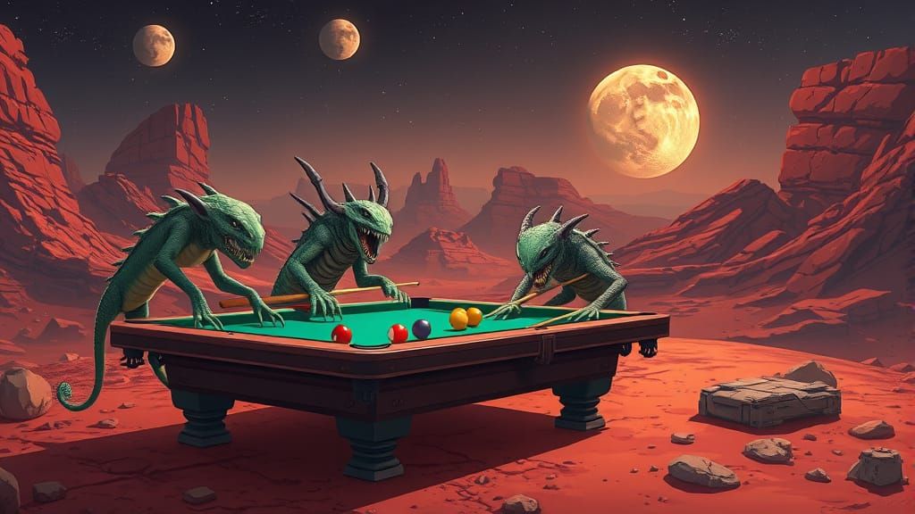 Imaginary Creatures Play Pool on Mars in Anime Style