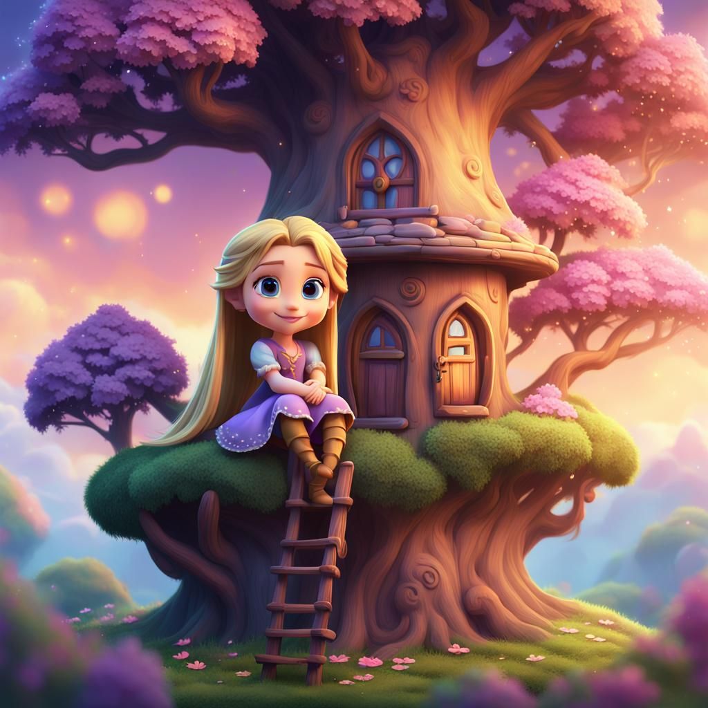 Cute Chibi Rapunzel on Cloud, Disney Style