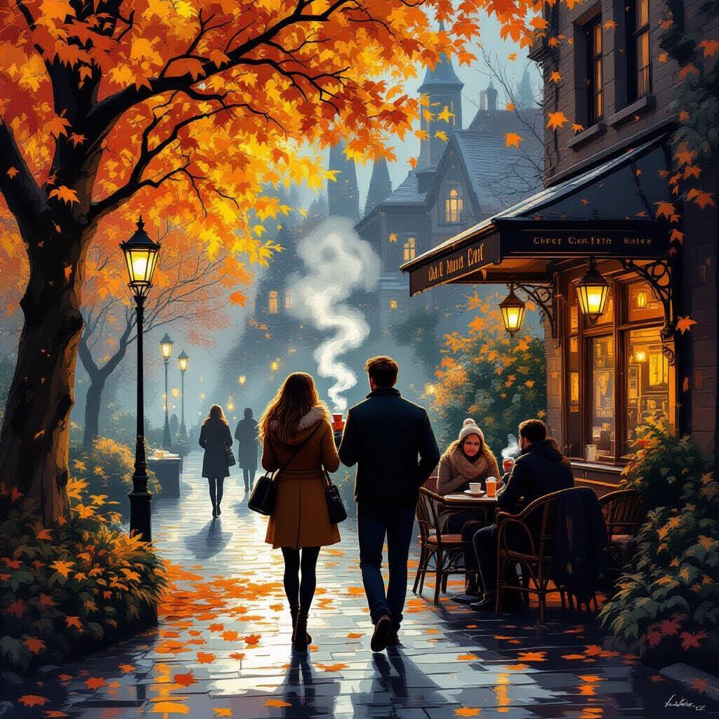 Couple in Mystical Park Sharing Hot Drinks, Fantasy Concept ...