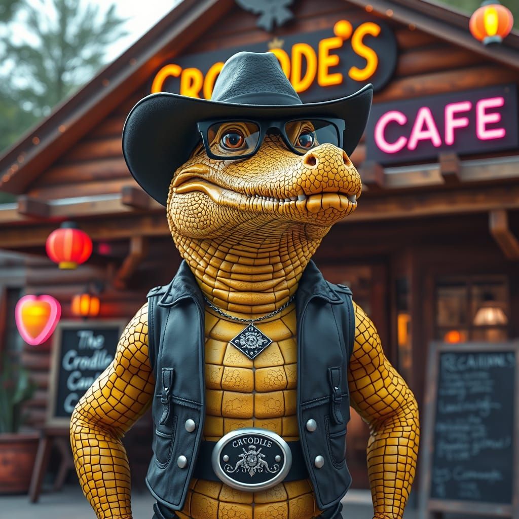 A yellow cowboy crocodile at cowboy's restaurant