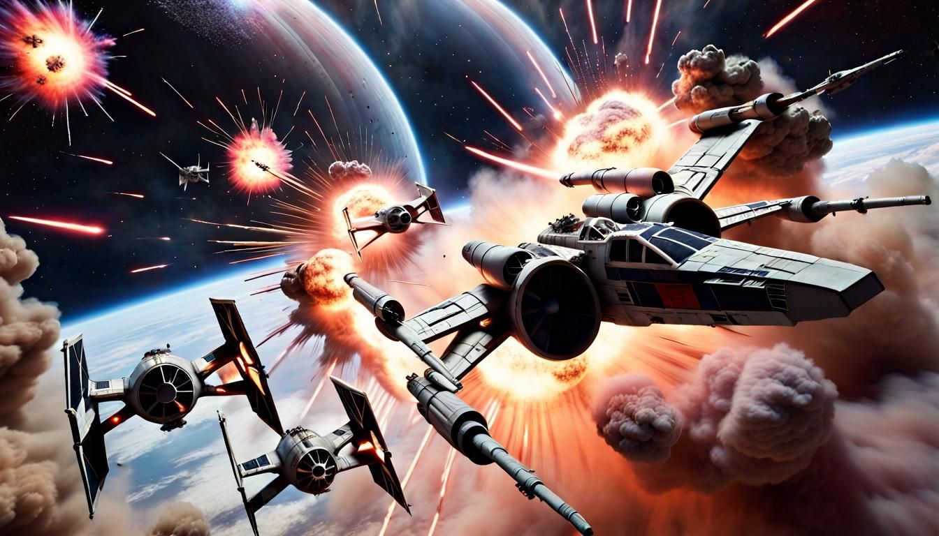 Exploding Death Star with X-Wings in Nebula