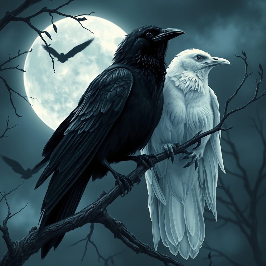 Black and White Ravens on Moonlit Branch