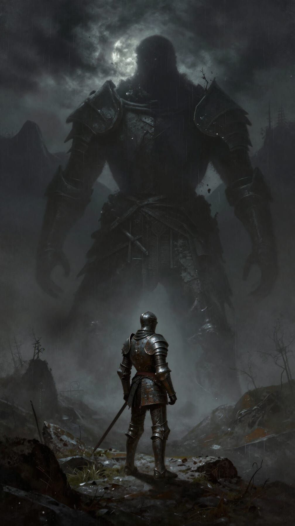 Lone Knight Faces Colossal Golem in Gothic Fantasy Landscape