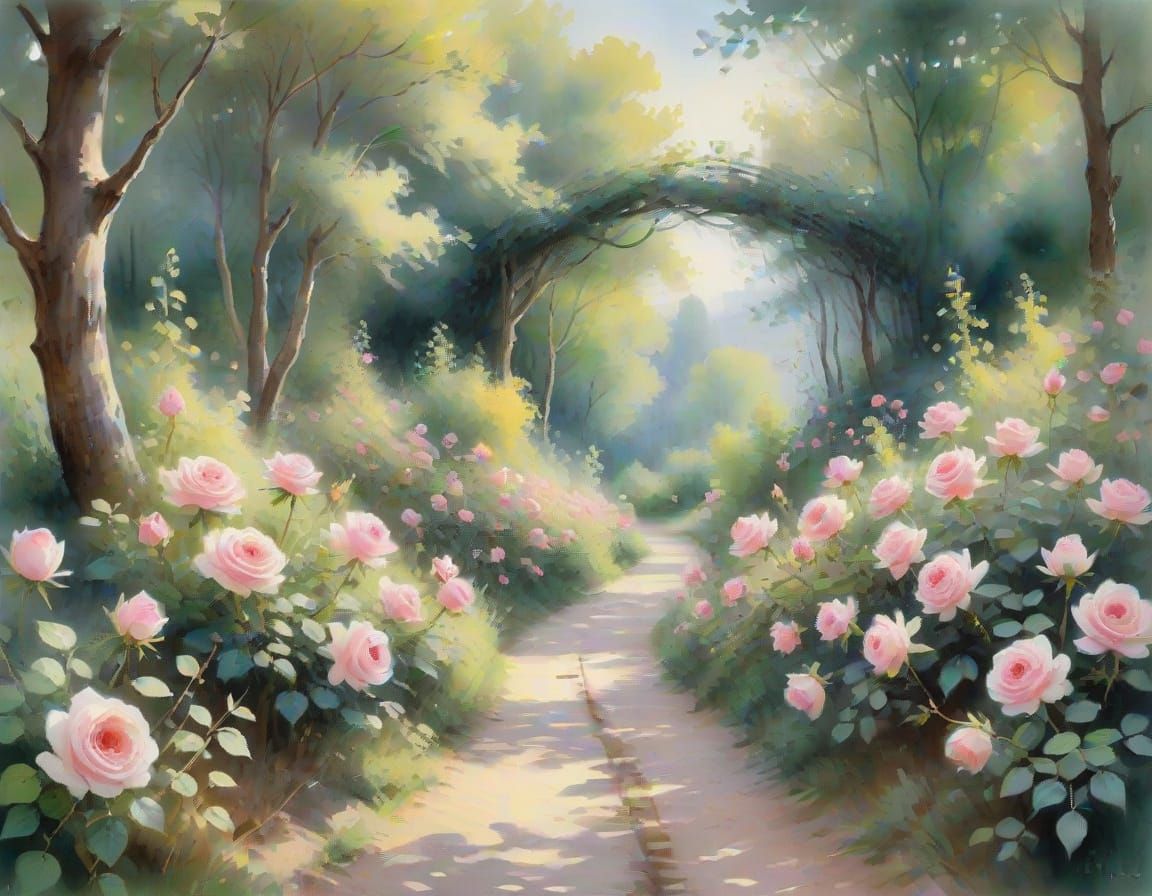 Impressionist Forest Path with Vibrant Pink Roses