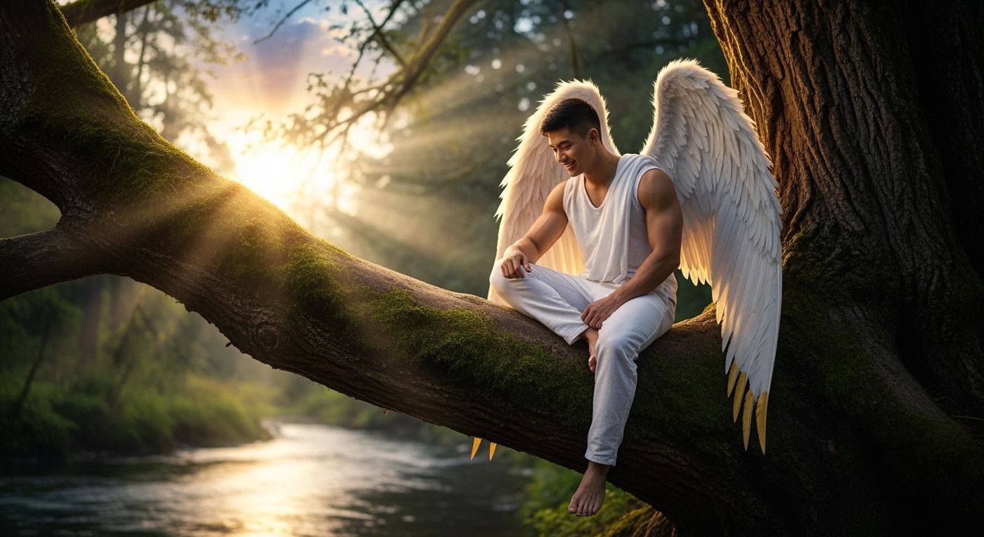 Young Angelic Boy with Wings Sits on Tree Branch