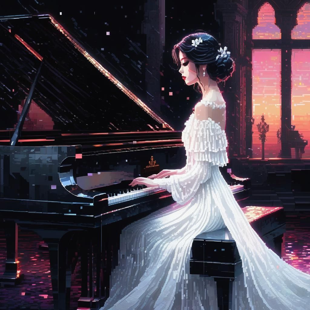 Ethereal 8-Bit Princess Plays Piano Amidst Vintage Digital A...