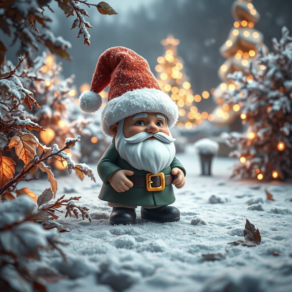 Festive Garden Gnome in Snowy Wonderland, 3D Anime Style