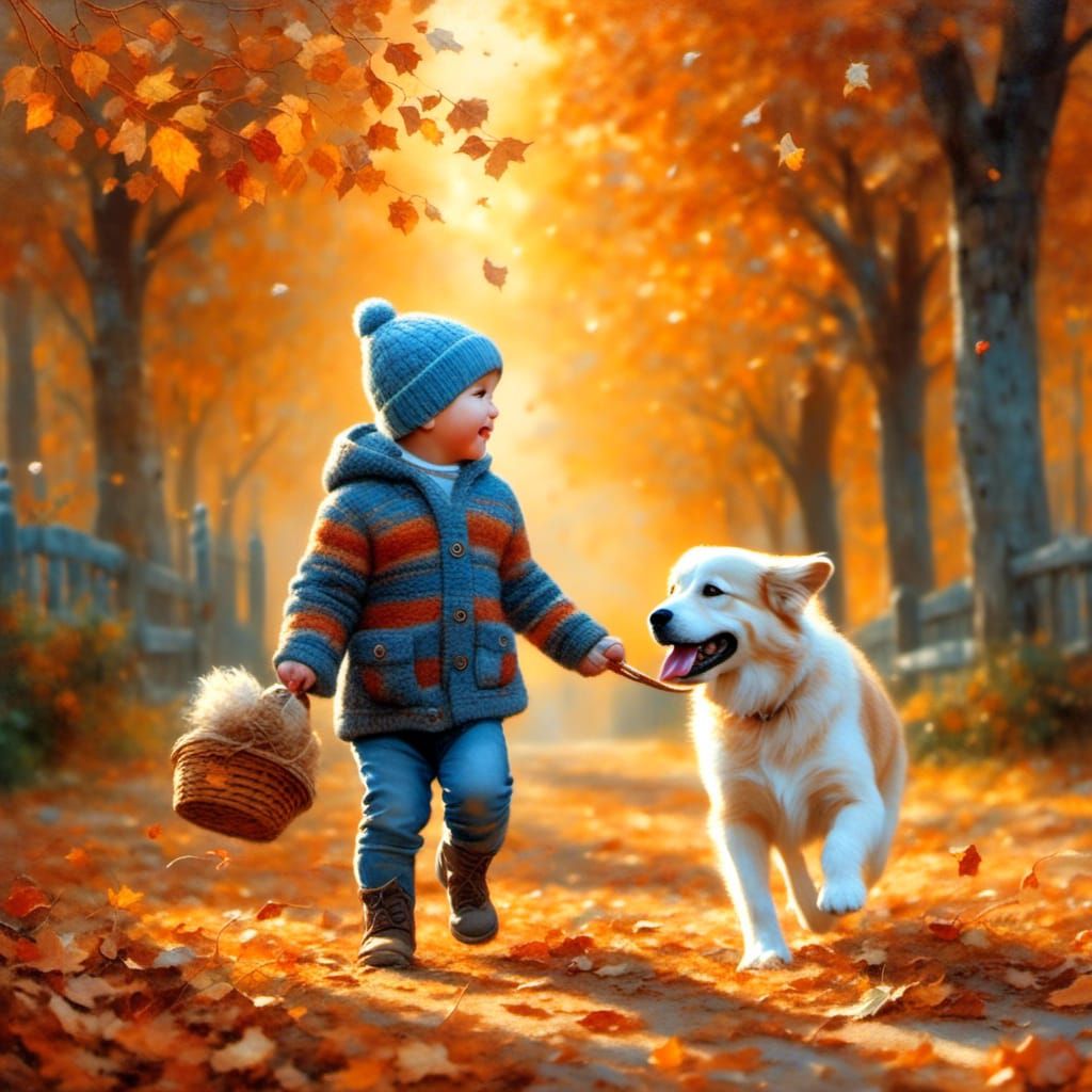 Boy and Dog Frolic in Autumn Leaves