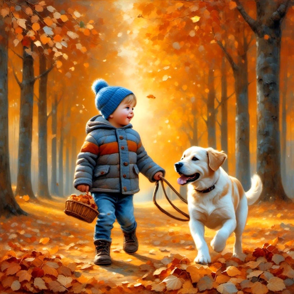Toddler and Dog Play in Autumn Leaves