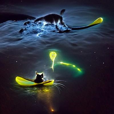 Cat Kayaking Above Bioluminescent Plankton