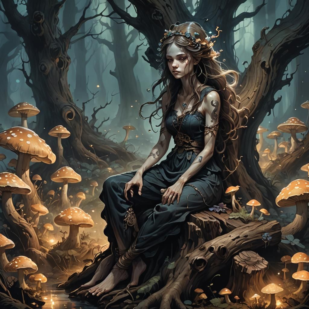 Dark Fantasy Rooster on Misty Stump