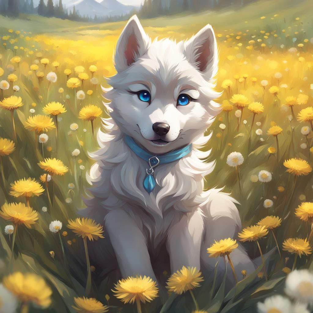 Chibi Wolf in Dandelion Field: Detailed Pastel Sketch