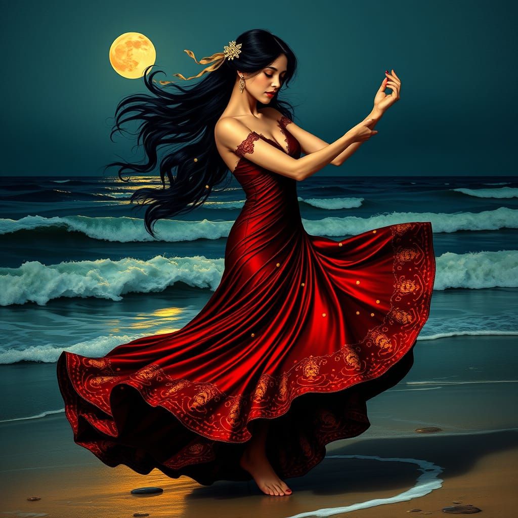 Flamenco Dancer on Moonlit Beach in Art Deco Style