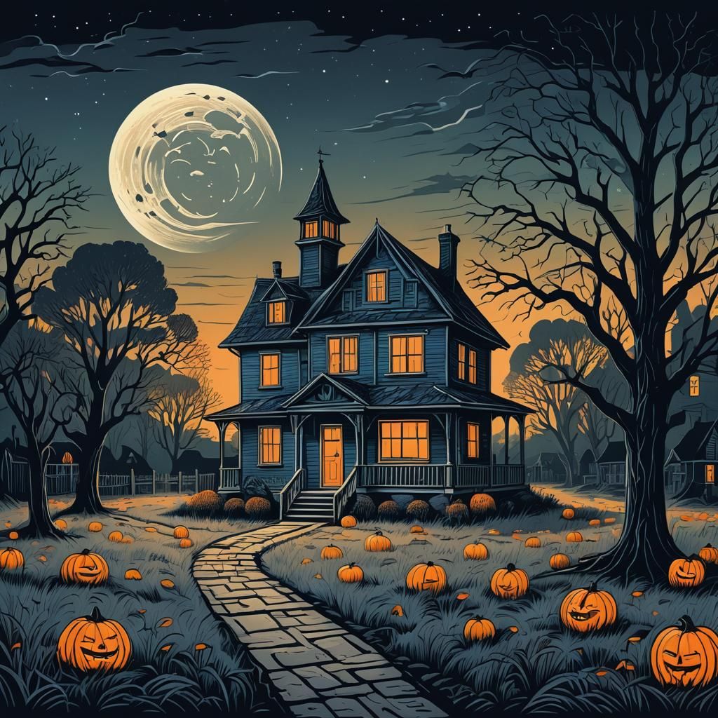 Halloween House in Monochromatic Linocut Style