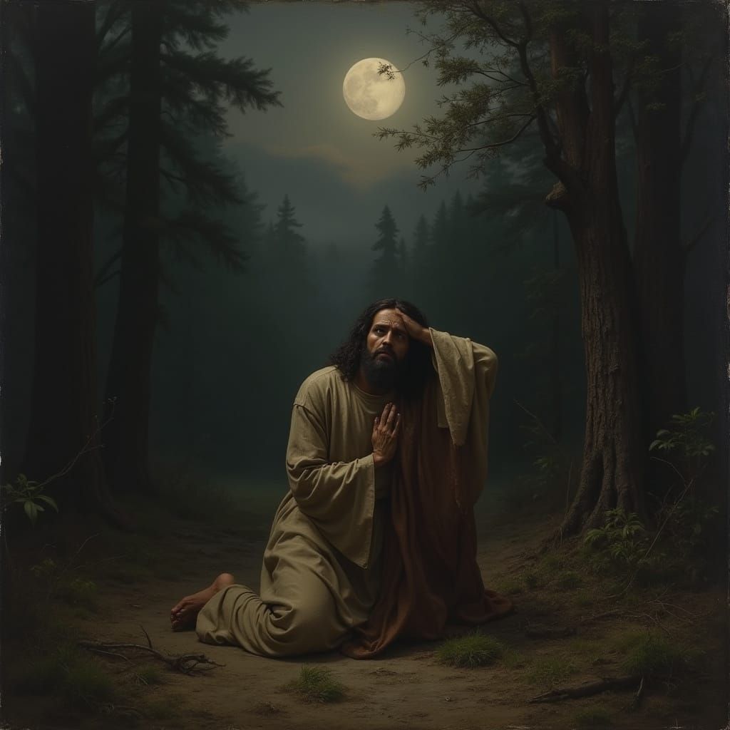 Jesus Prays in Moonlit Forest, Emotive Style