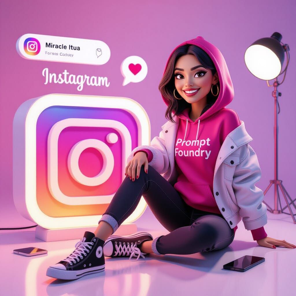 Animated Woman with Instagram Logo in 3D Cartoon Style