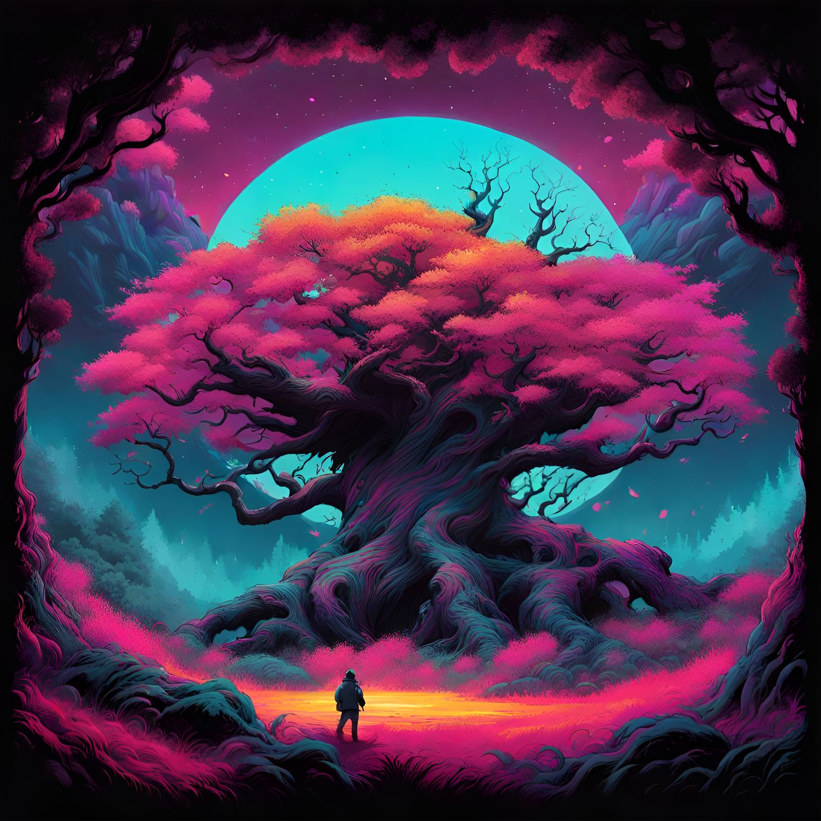 Ominous Tree Monster in Chaotic Pastel Colors