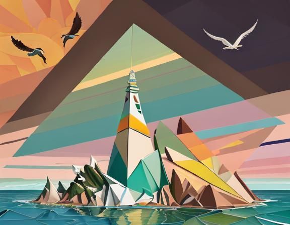 Cubist Lighthouse Masterpiece with Colorful Sunset Sea