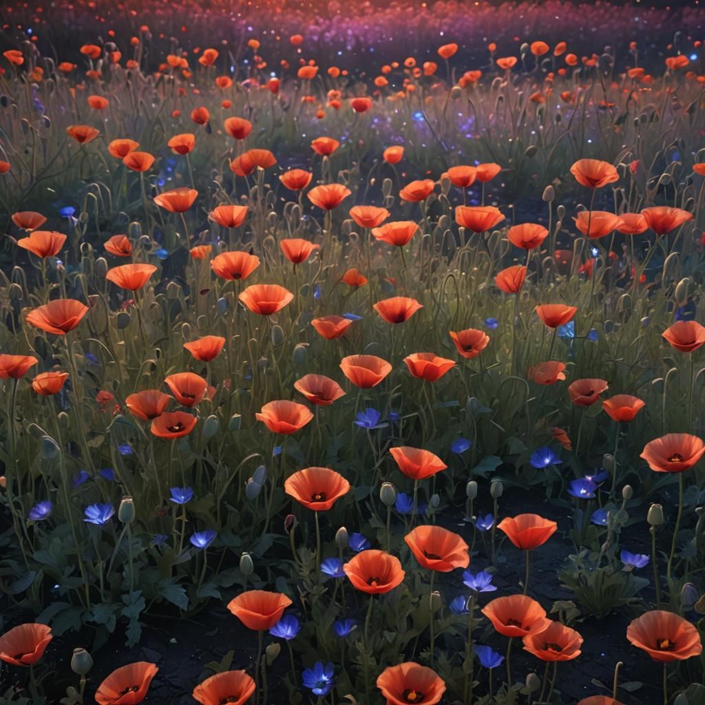 Neon Poppy Field at Night: A Dreamlike Fantasy