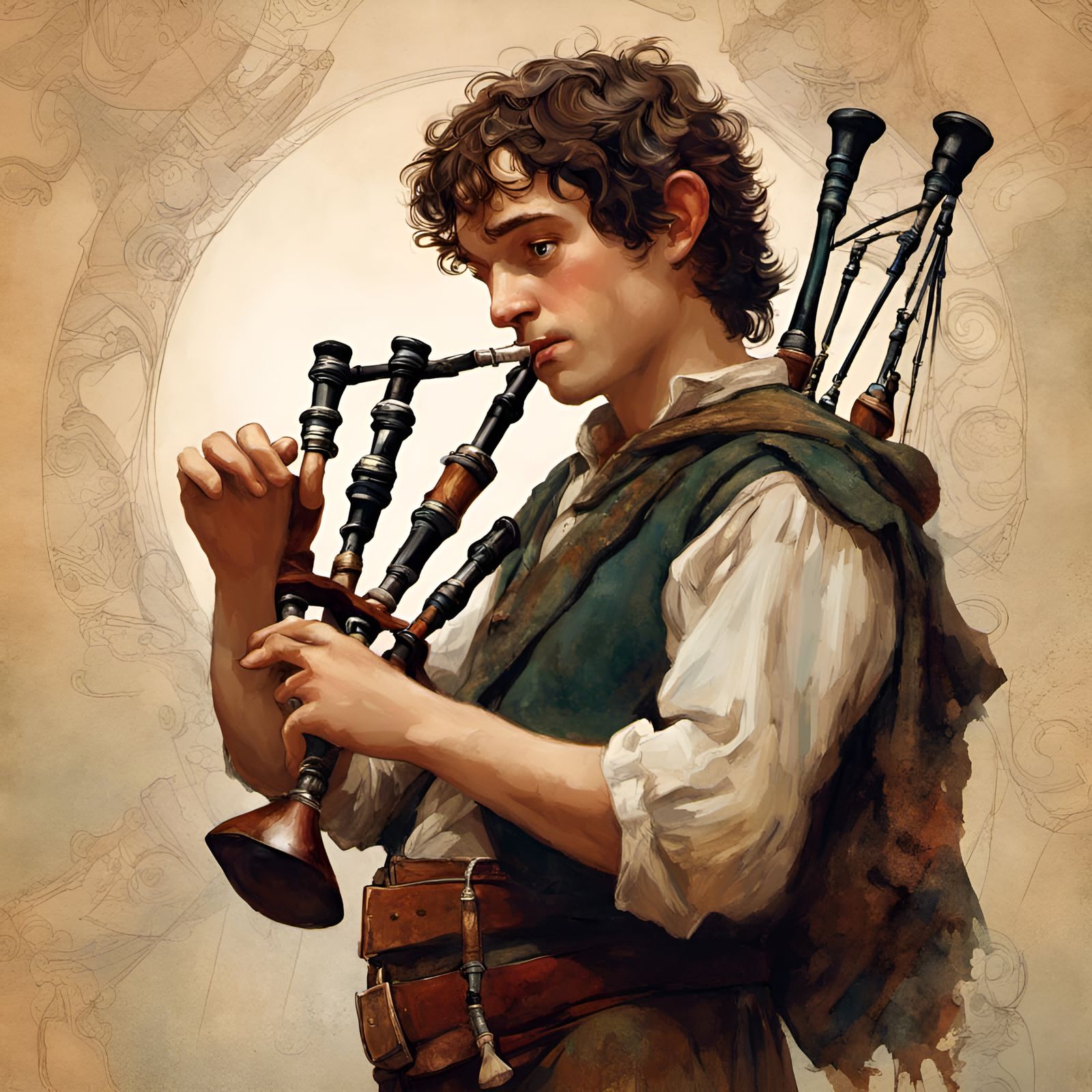 Frodo Baggins Portrait Playing Bagpipes, Digital Illustratio...