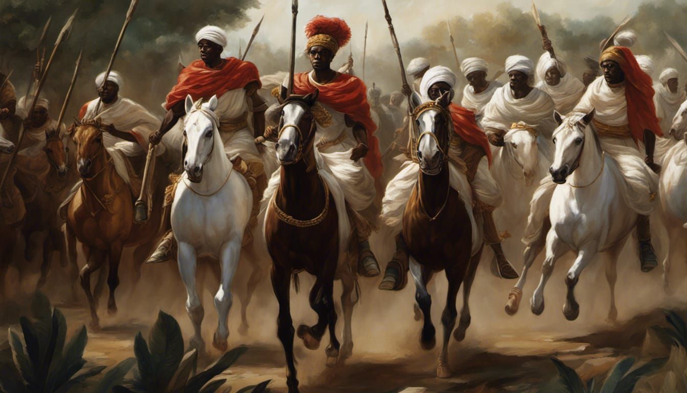 African Warriors on Horseback in White Togas