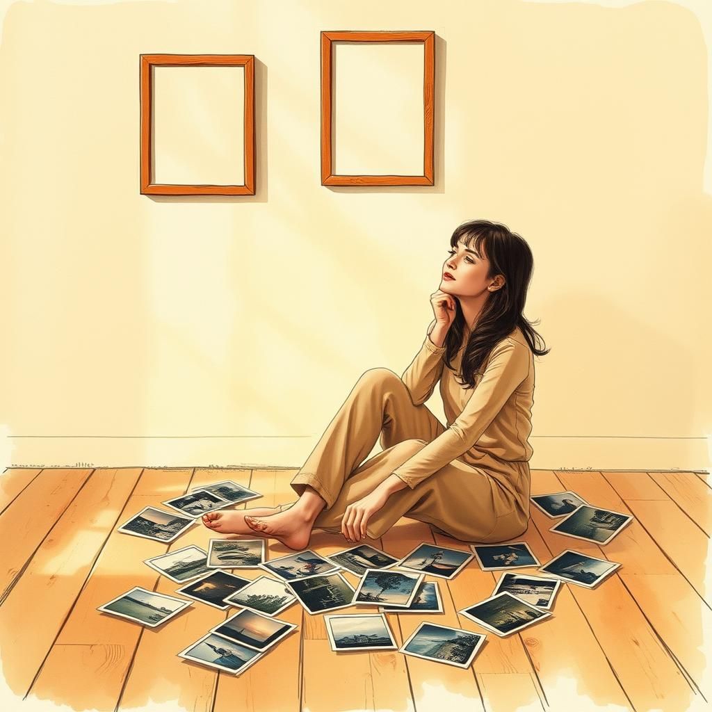 Introspective Woman Amidst Memories in Watercolor Style