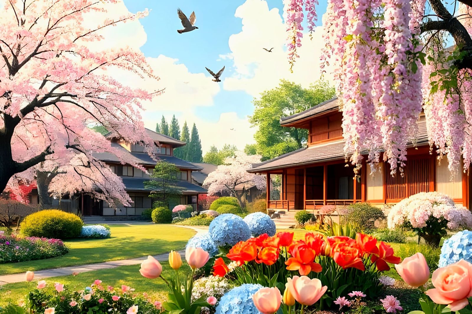 Edo-Period Village in Vibrant Bloom