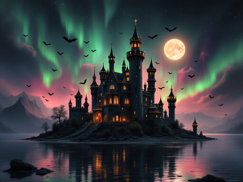 Gothic Castle Island with Aurora Borealis Glow